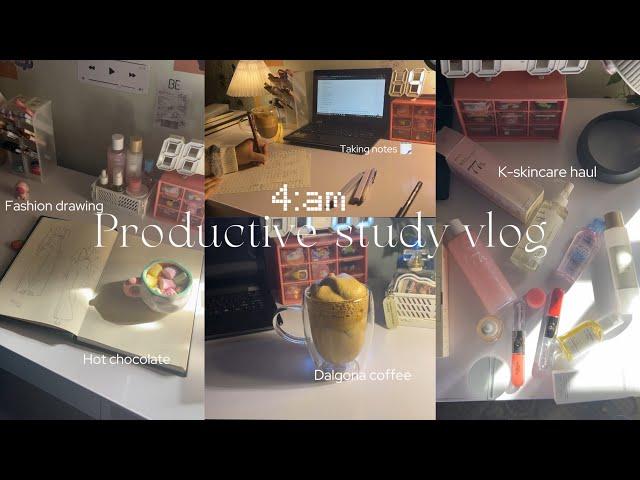 4:am| productive study vlog️️|fashion drawing,Korean skincare haul,hot chocolate ,dalgona coffee|