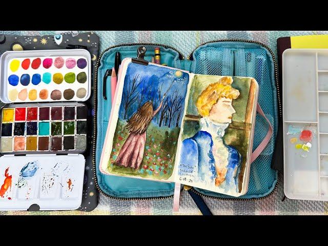 Travel art supplies and what I used + art I made show and tell, watercolor & sketchbook flip through