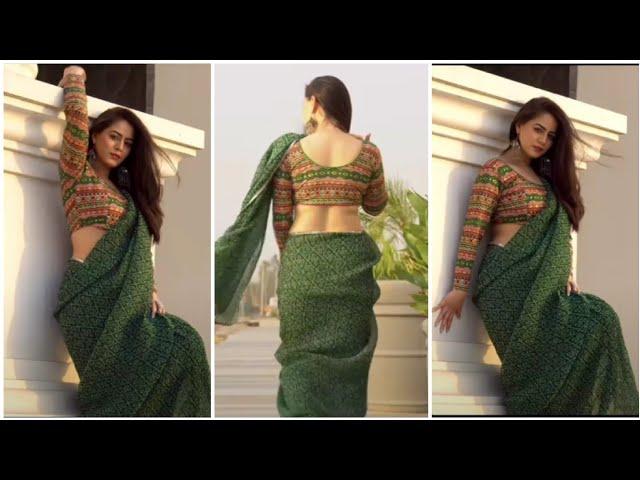 Low Waist Saree Fashion show Saree Lover Back Pose Cotton Green  Saree Full Sleeve Blouse #saree