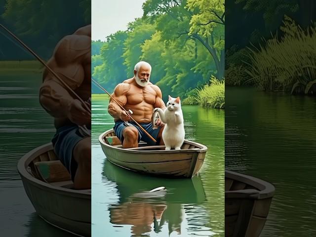 Dadaji And Cat Caught Fish  Ai Created Earth #ytshorts #aivideo #fish