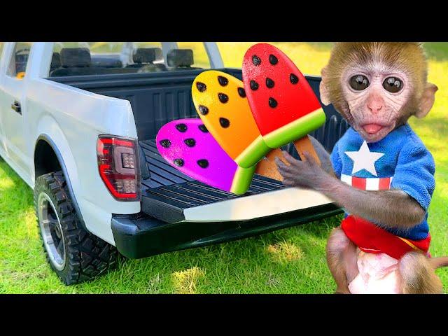 Baby Monkey Chu Chu go fishing with ducklings And Eats Ice Cream So Yummy With Puppy