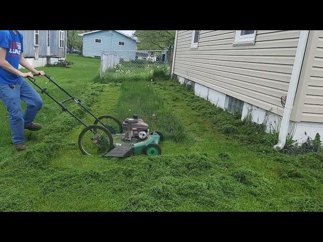 raw footage of mowing a overgrown lawn