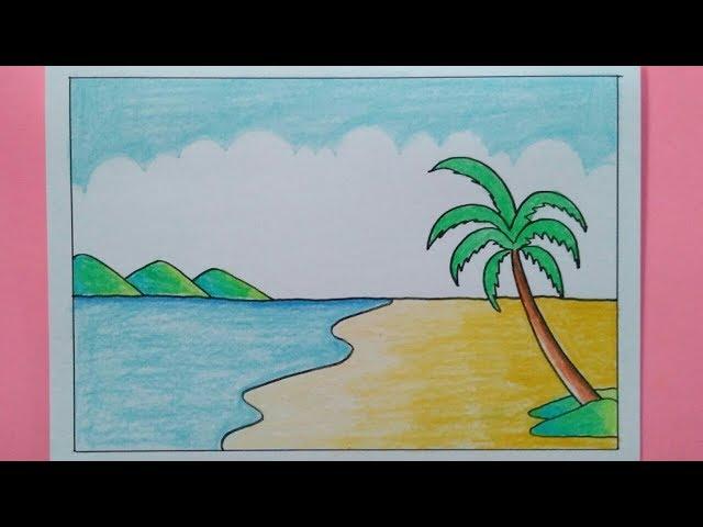 How To Draw A Sea Beach Scenery - Easy Drawing