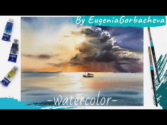 Watercolor Painting Short Lesson | Seascape, Clouds and Sun | by Eugenia Gorbacheva