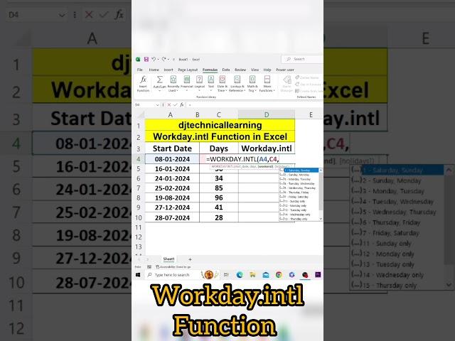 Workday.intl Function in Excel #exceltips #dataentry #exceltech #excel #tutorial2024 #microsoftexcel