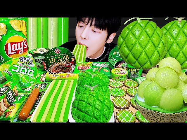 ASMR MUKBANG | GREEN FOOD HONEY JELLY CANDY Desserts (Noodles Jelly, chocolate) Convenience store