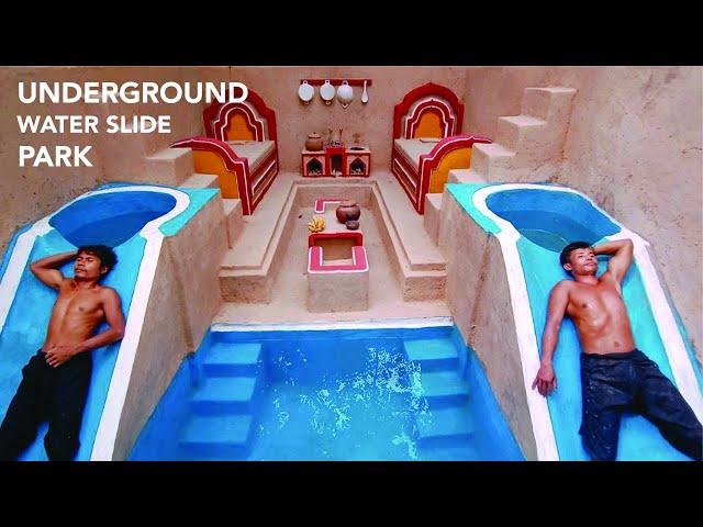 Thirty days Build Dream Life Underground Tunnel Water Slide Park into Swimming Pool