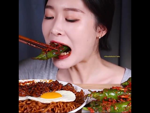 Black Bean Noodles With Chili Kimchi & eggs️#asmr #noodles #eggs #bigbites #mukbang @Fumeyamyam
