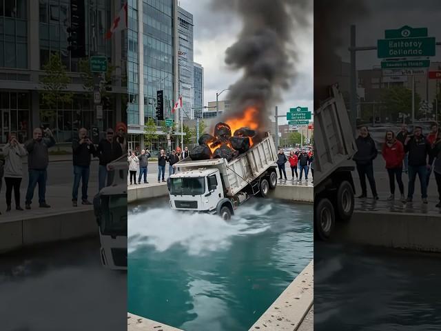 5 Ton Dump Truck Catches Fire, Jumps into Water to Survive #truck #burning #fire #shorts #viral
