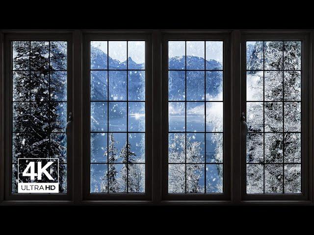 4K snowy lake with mountains window view - Relaxing, Calming, Ambience (ASMR)