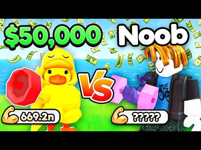 I Challenged NOOB to $50,000 Strength Battle in Arm Wrestling Simulator! (Roblox)