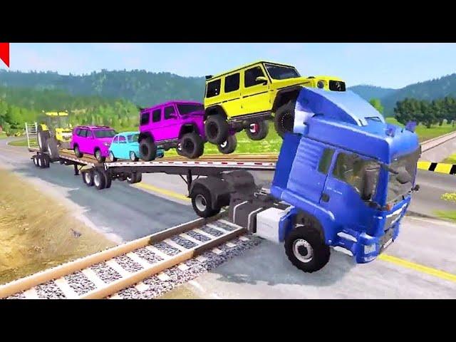 Double Flatbed Trailer Truck vs Speedbumps Train vs Cars Beamng.Drive #213  With Reverse