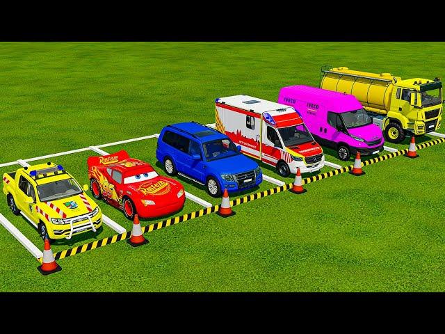 TRANSPORTING POLICE CARS, MCQUEEN CAR, AMBULANCE VEHICLES, FIRE DEPARTMENT WITH MAN TRUCKS ! FS22