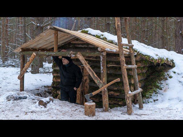 Cozy dugout building, Shelter in winter forest, no talking