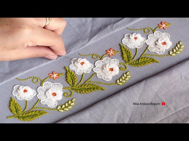 So attractive white flower border embroidery || Miss Anjiara Begum