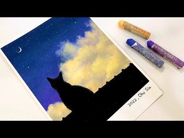 오일파스텔 초보 / 지붕 위의 고양이 그리기 / Drawing a cat on the roof / oil pastel painting for beginners