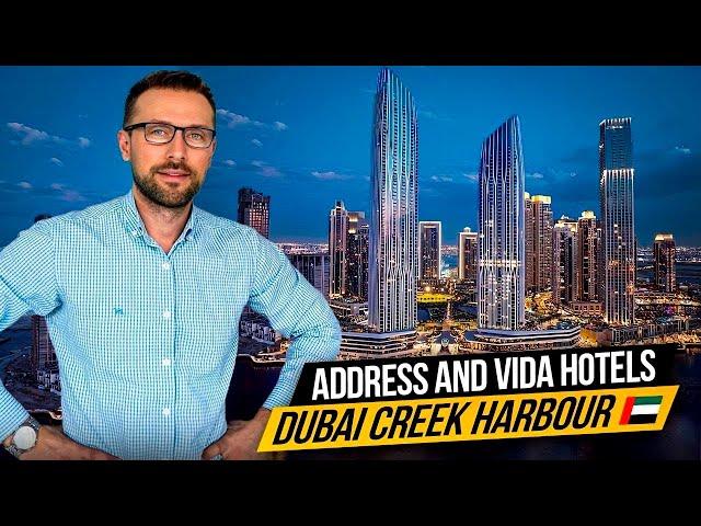 Luxury Address and Vida hotels in the Creek Harbour area. Dubai Real EstateNight Creek Harbour UAE