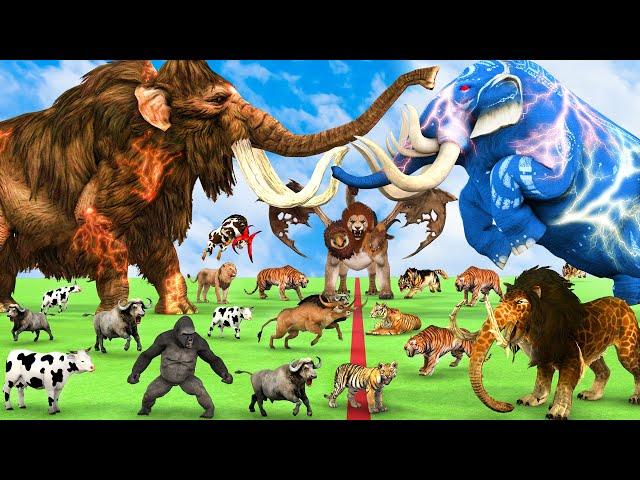 10 Mammoth Elephant vs 5 Big Zombie Bulls vs Giant Tiger Attack Cow Baby Saved By 2 Woolly Mammoth