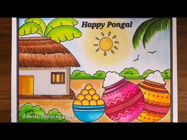 Pongal Drawing Easy |Pongal Festival Scenery drawing |Happy Pongal Poster Drawing|Pongal Pot drawing