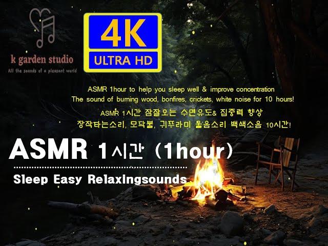 4K ASMR 1hour  Sleep Concentration Camping, Crickets, White Noise! 수면유도, 장작타는 소리, 모닥불, 귀뚜라미 울음소리!