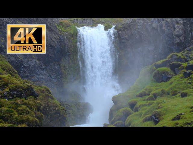 Soothing Waterfall Sounds, Majestic Iceland, Oscillating Wind Sound, Brightness dims after 1 hour