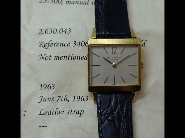 1963 Patek Philippe men's square 18k gold watch, reference 3406, with Extract from the Archive