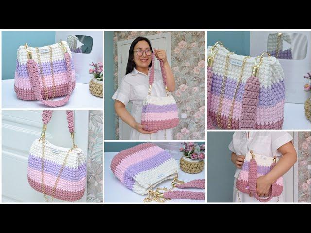 This pattern looks great and is easy to crochet A large bag made of T-shirt yarn with your own hands