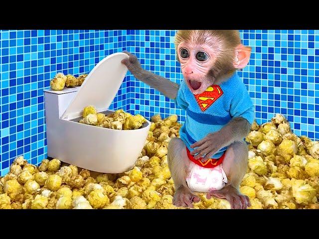 Monkey Baby Bon Bon eat Rainbow Jelly Ice Cream with ducklings and encounter a popcorn rain