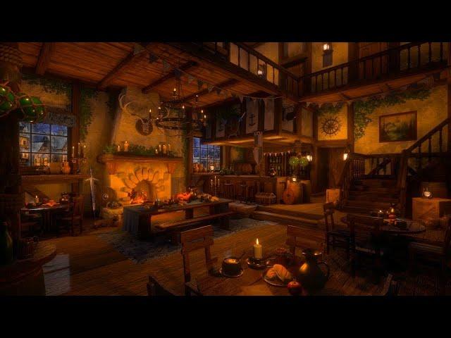 Cozy Winter Tavern | Medieval Night Ambience | Fireplace, Wind, Snow & Blizzard Sounds