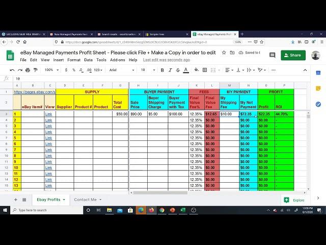 eBay Managed Payments Fees and Profit Excel Sheet