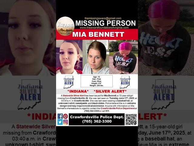 15 YEAR OLD MIA BENNETT IS MISSING FROM CRAWFORDSVILLE INDIANA!!!  HELP BRING HER HOME SAFE!!!