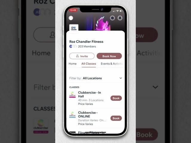 Booking classes through the Roz Chandler Fitness Wix App