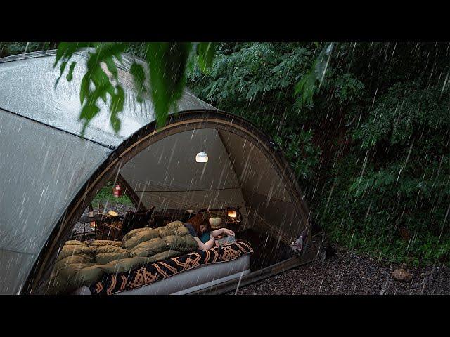 Solo Camping in the heavy rain, lying on the bed in a cozy tent and relaxing time