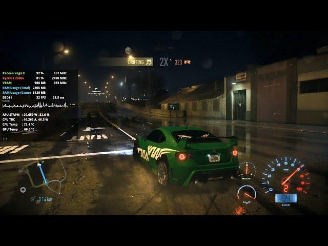 Need For Speed 2016 on AMD Ryzen 5 2500u Vega 8 Graphics - Gameplay Benchmark Acer Aspire 3