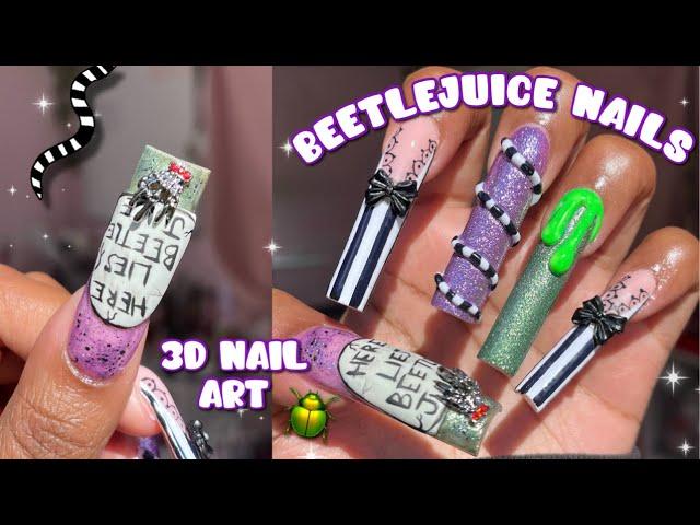 XL BEETLEJUICE NAILS 🪲 | MADAM GLAM HALLOWEEN GELS | 3D NAIL ART