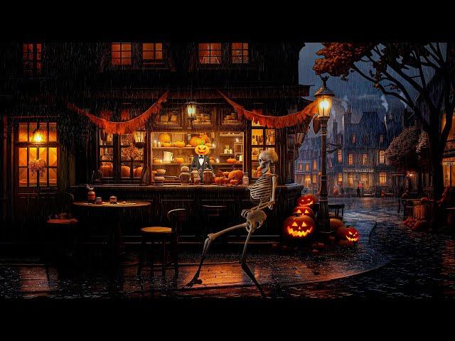 Victorian Coffeehouse Halloween Ambience | City Rain & Thunderstorm Sounds for Relaxation, Sleeping