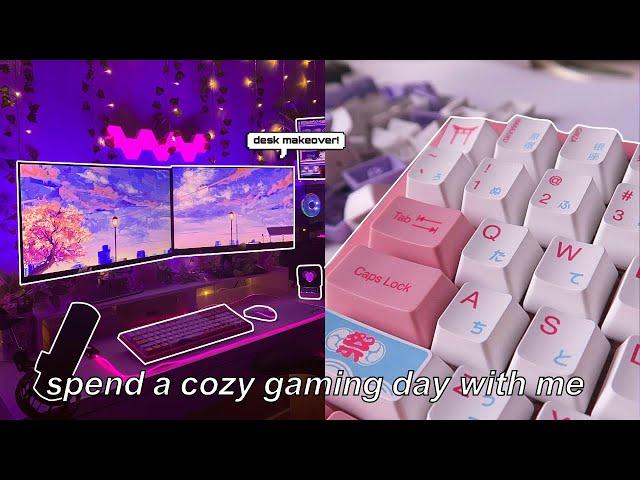 cozy gaming vlog ️ new pink gaming desk setup, akko keyboard, aesthetic & productive