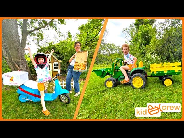 Farm fresh pizza with kids ride on tractor, motorcycle, cooking and delivery. Educational | Kid Crew