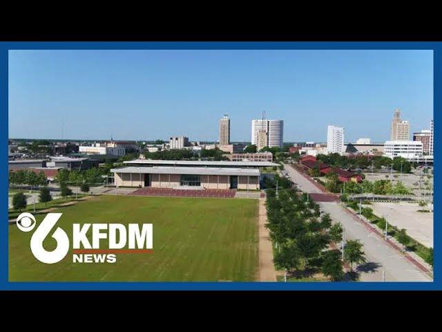 KFDM's eye in the sky: Beaumont, TX Downtown Event Centre on a sunny day