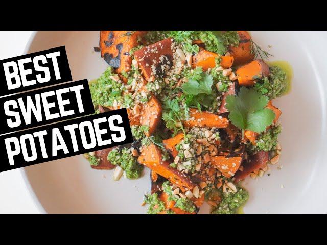 GRILLED SWEET POTATOES RECIPE with Hemp Seed and Almond Pesto