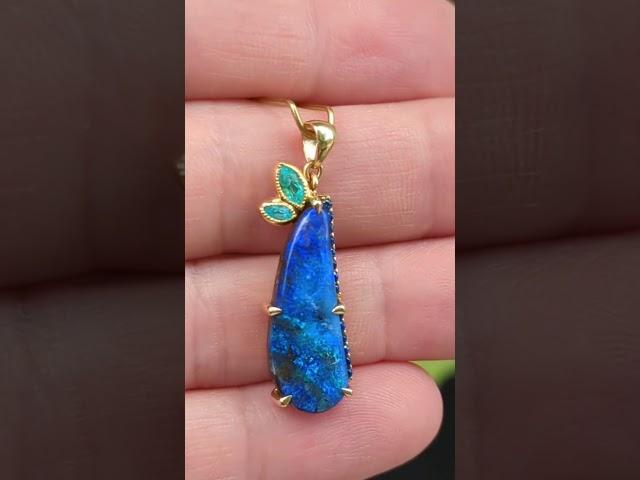 Australian Boulder Opal, Paraiba and Hauyne Pendant in 18 kt Yellow gold