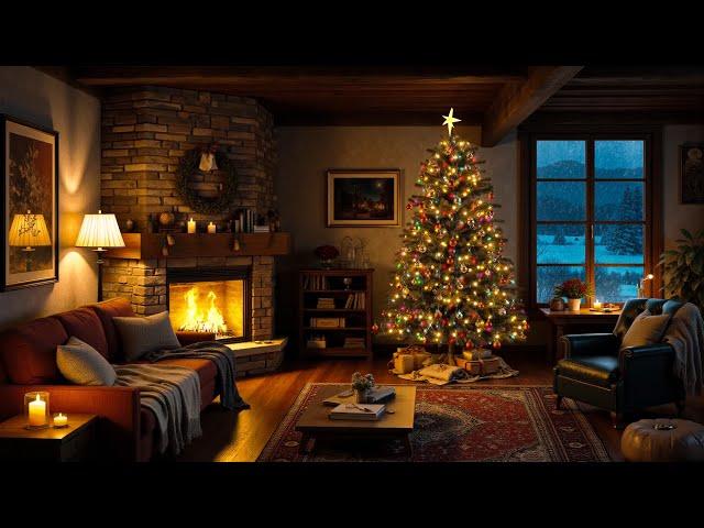 Christmas Ambience Cozy Winter Room Ambience with Crackling Fireplace, Gentle Wind & Snowfall