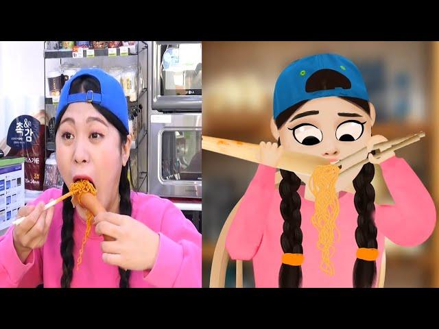 COMPARE - Mukbang 짜장면 떡볶이 편의점 먹방 Convenience Store Food DONA 도나 VS DONA 도나 animation