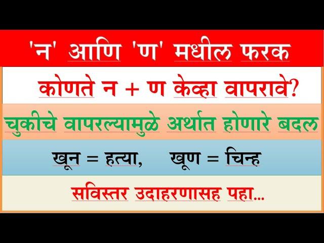 न आणि ण मधील फरक, कोणते केव्हा वापरावे,चुकीचे वापरल्यामुळे मराठीत अर्थात होणारा बदल