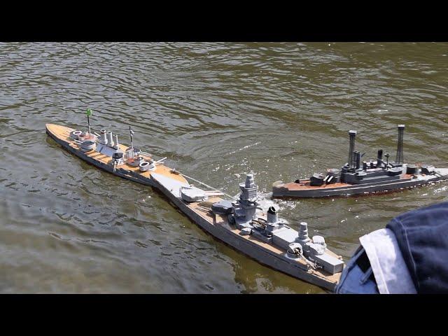 RC Warship Combat - BB firing ships do battle!