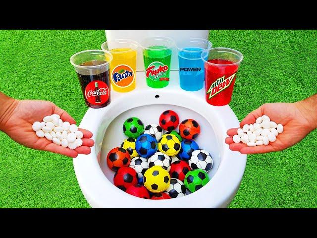Experiment: Football VS Coca Cola Zero, Fanta, Mtn Dew, Powerade, Mirrinda and Mentos in the toilet