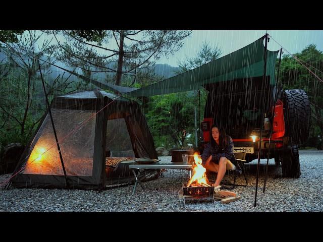 SOLO Camping in the Heavy Rain. Tarp Shelter. Cozy Tent. Campfire. RAIN ASMR️