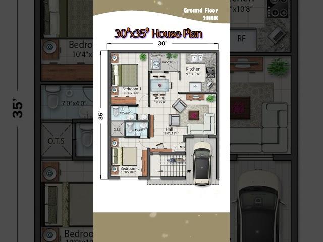 30'× 35' House Plan, 2BHK, 30 by 35 Home Plan, 30*35 House Design with Car Parking, #indianstyle