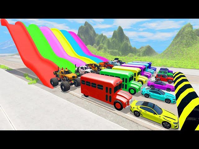 HT Gameplay Crash # 459 | Monster Truck & Big Small Cars vs Trap Colors High Speeds vs Speed Bumps