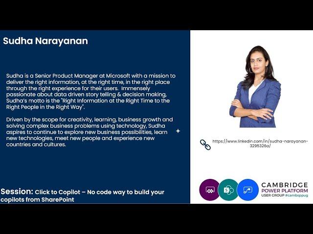 Summer Event - Sudha Narayanan: Click to Copilot–No code way to build your copilots from SharePoint!